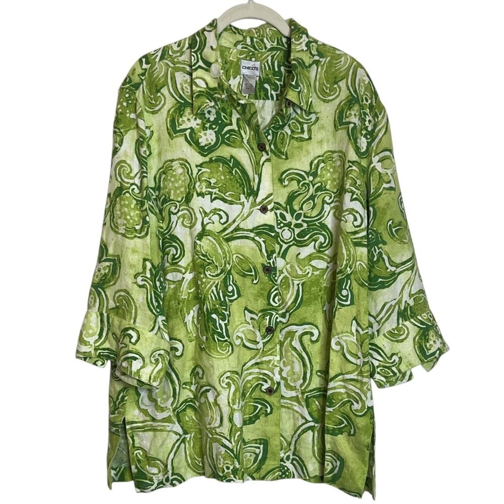 Chicos 100% Linen Blouse Floral Print Button Front Size 2 US Large Green